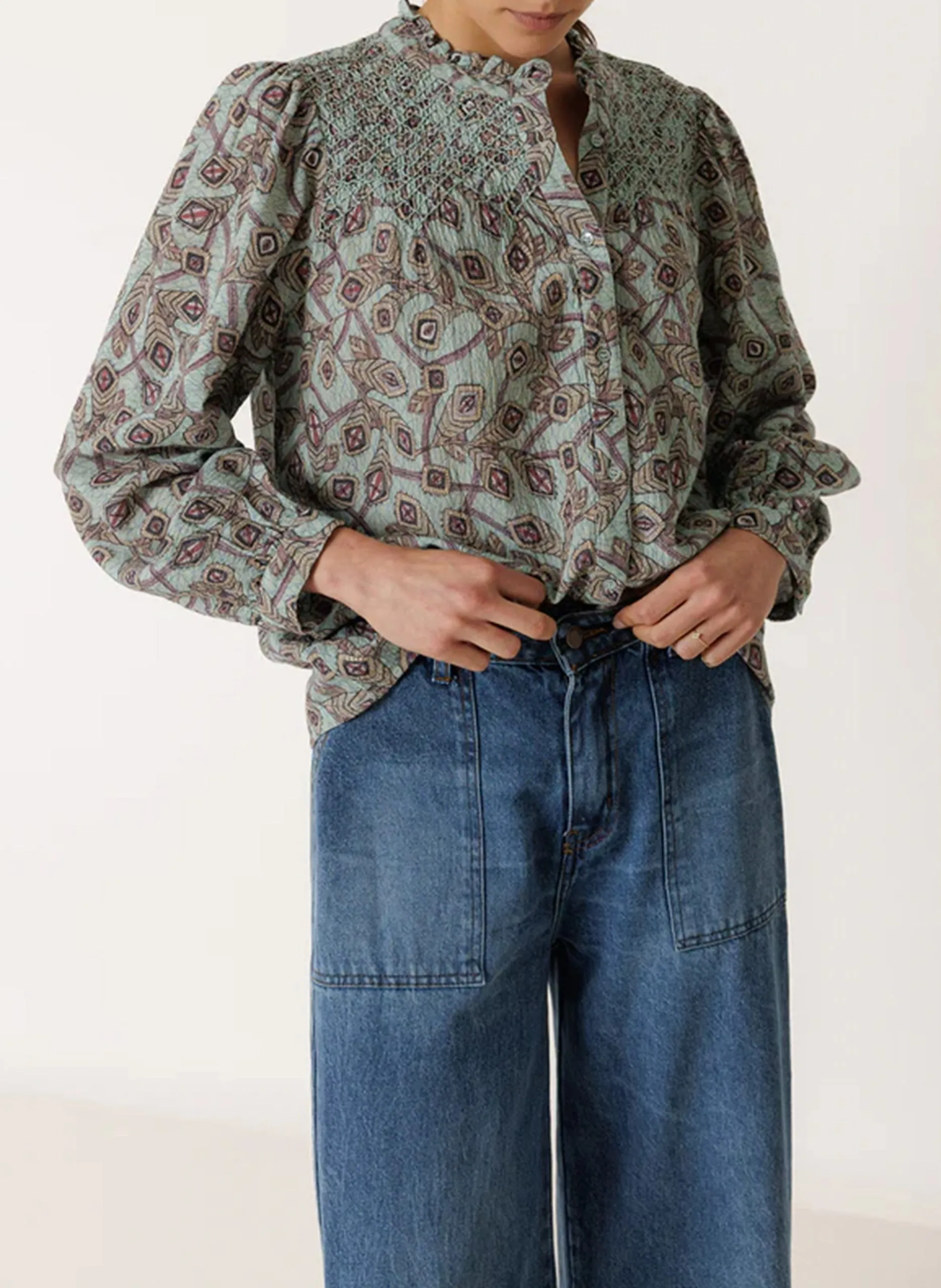 Weite Baumwollbluse mit Mao-Kragen Blau ZOE