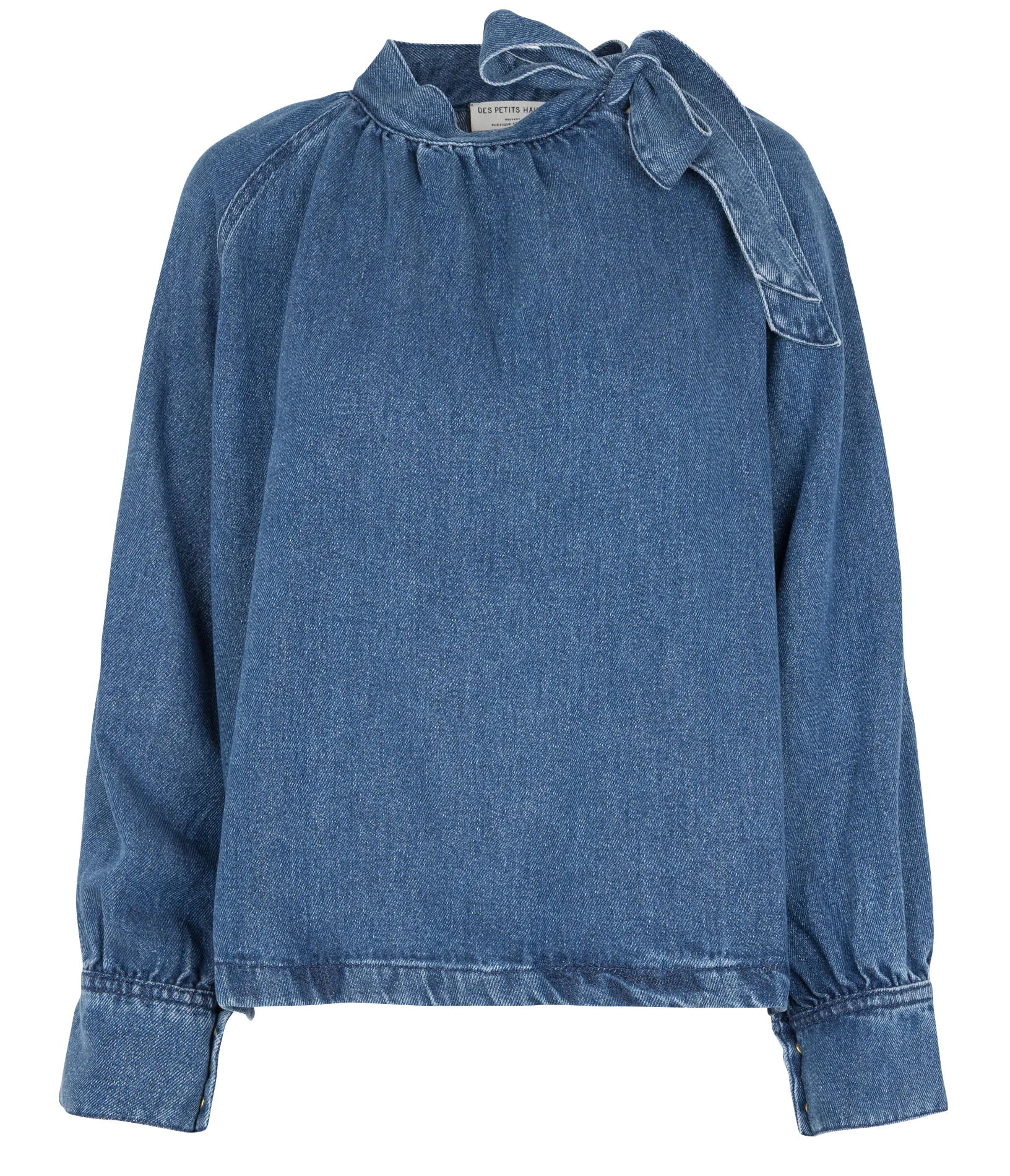 Weite Bluse mit Knotenkragen aus Jeans Blau LOU