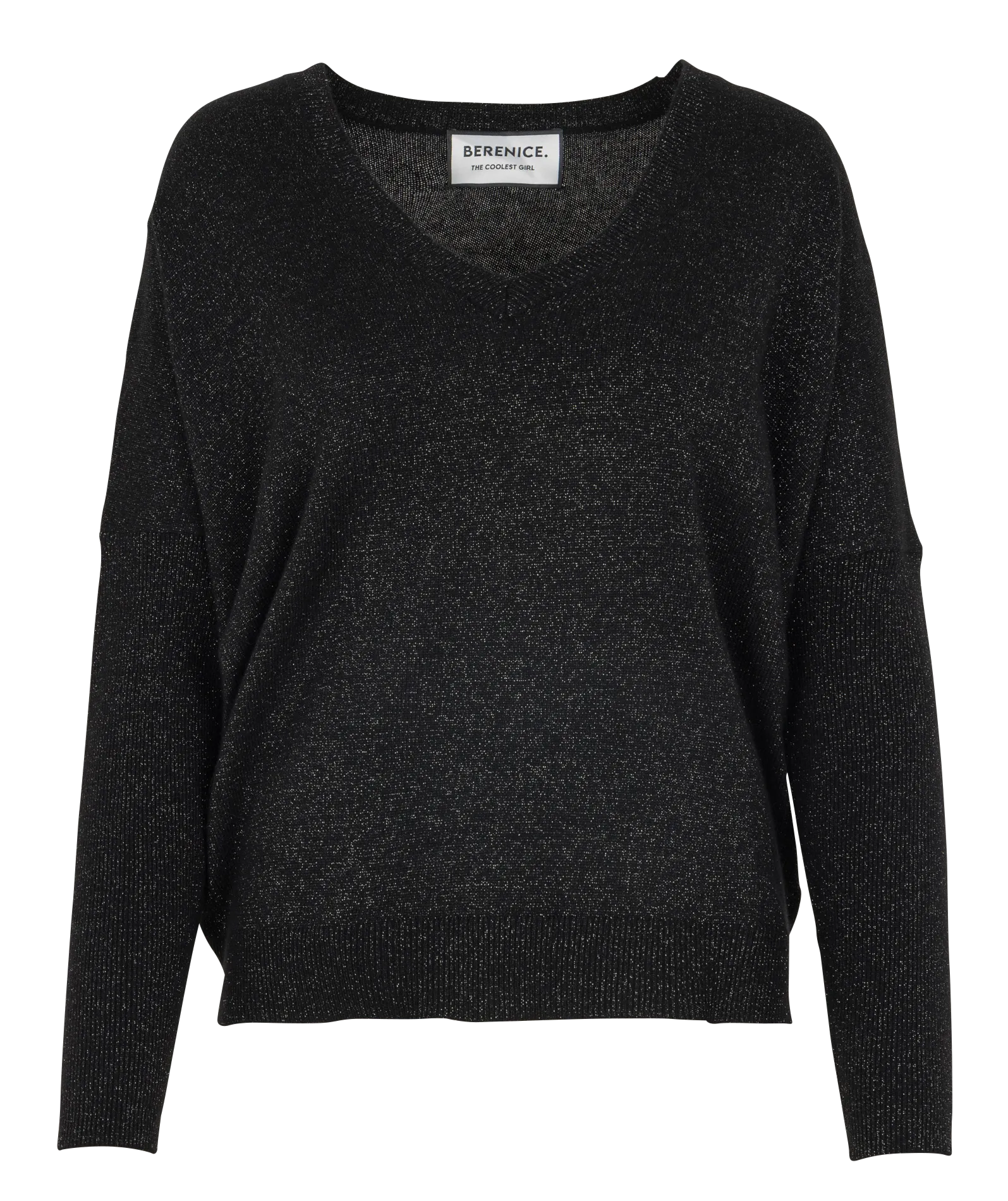 Weiter Pullover mit V-Ausschnitt aus metallisierter Wolle und Strasssteinen. Schwarz MYWINGS