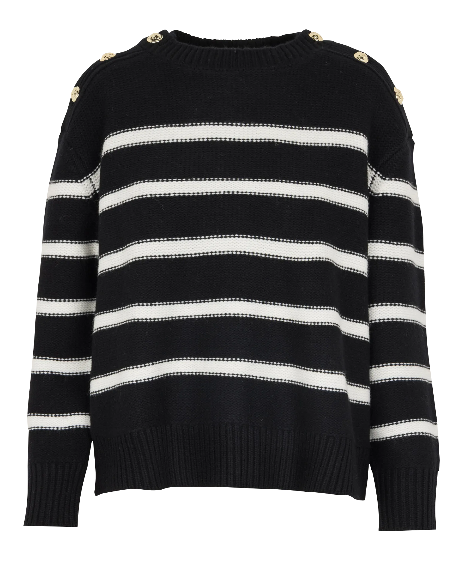 Weiter Rundhalsausschnitt-Pullover mit Streifen aus Merinowolle Schwarz MASHA