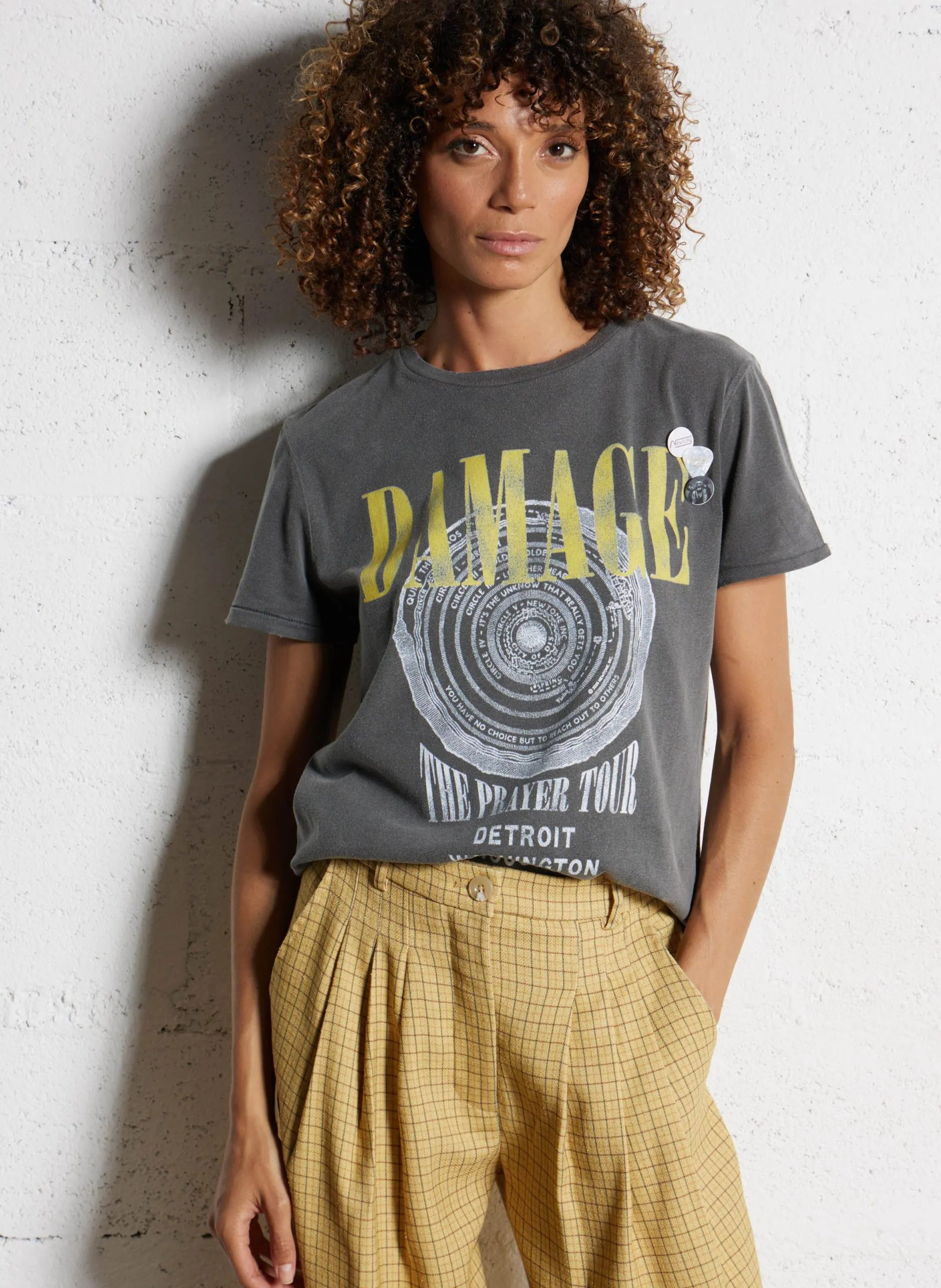 Gerade geschnittenes Rundhals-T-Shirt aus Baumwolle mit Siebdruck Grau TSSDAMA