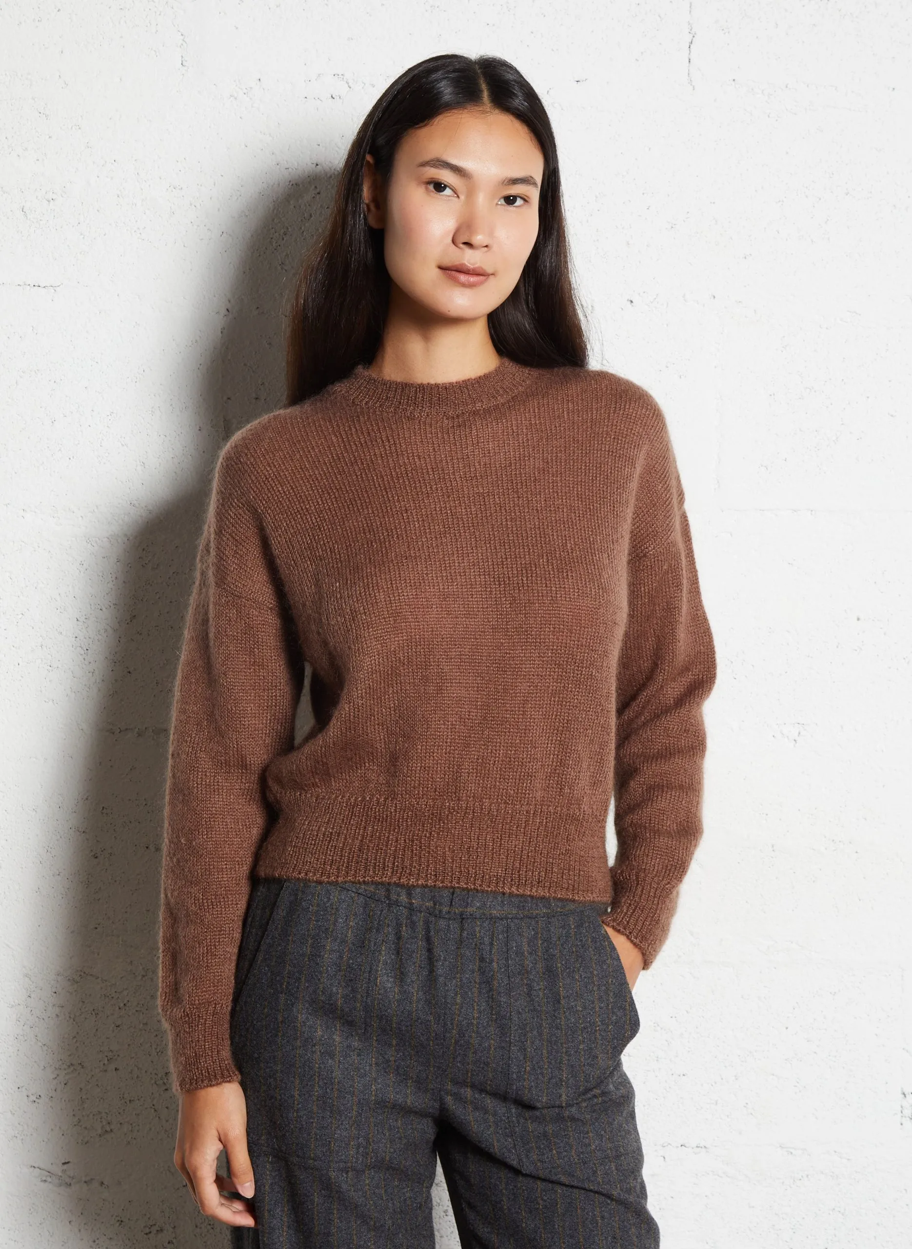 Gerader Rundhalsausschnitt-Pullover aus gemischtem Mohair Braun LEA