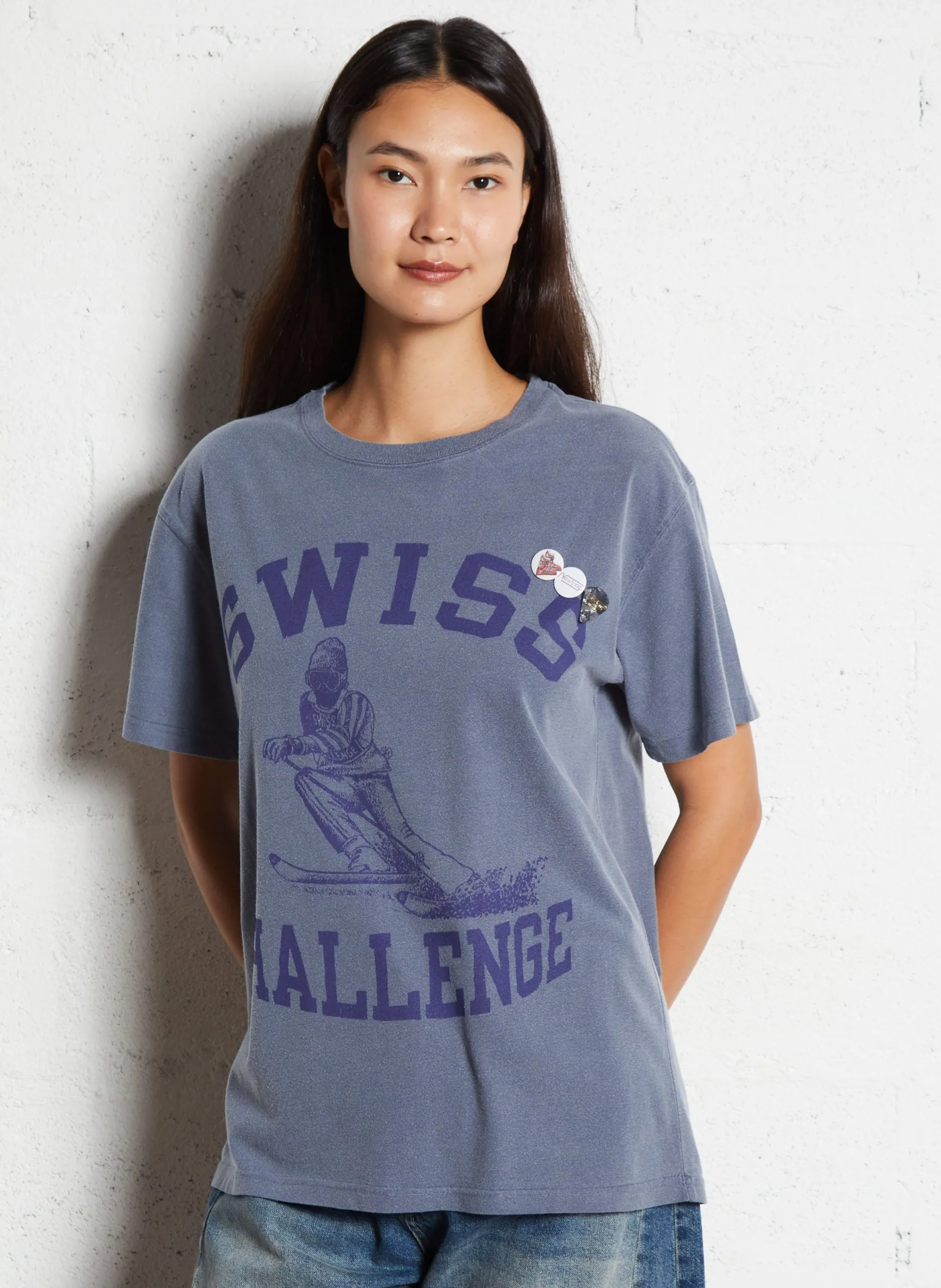 Gerade geschnittenes Rundhals-T-Shirt aus Baumwolle mit Siebdruck Blau TSTSWIS