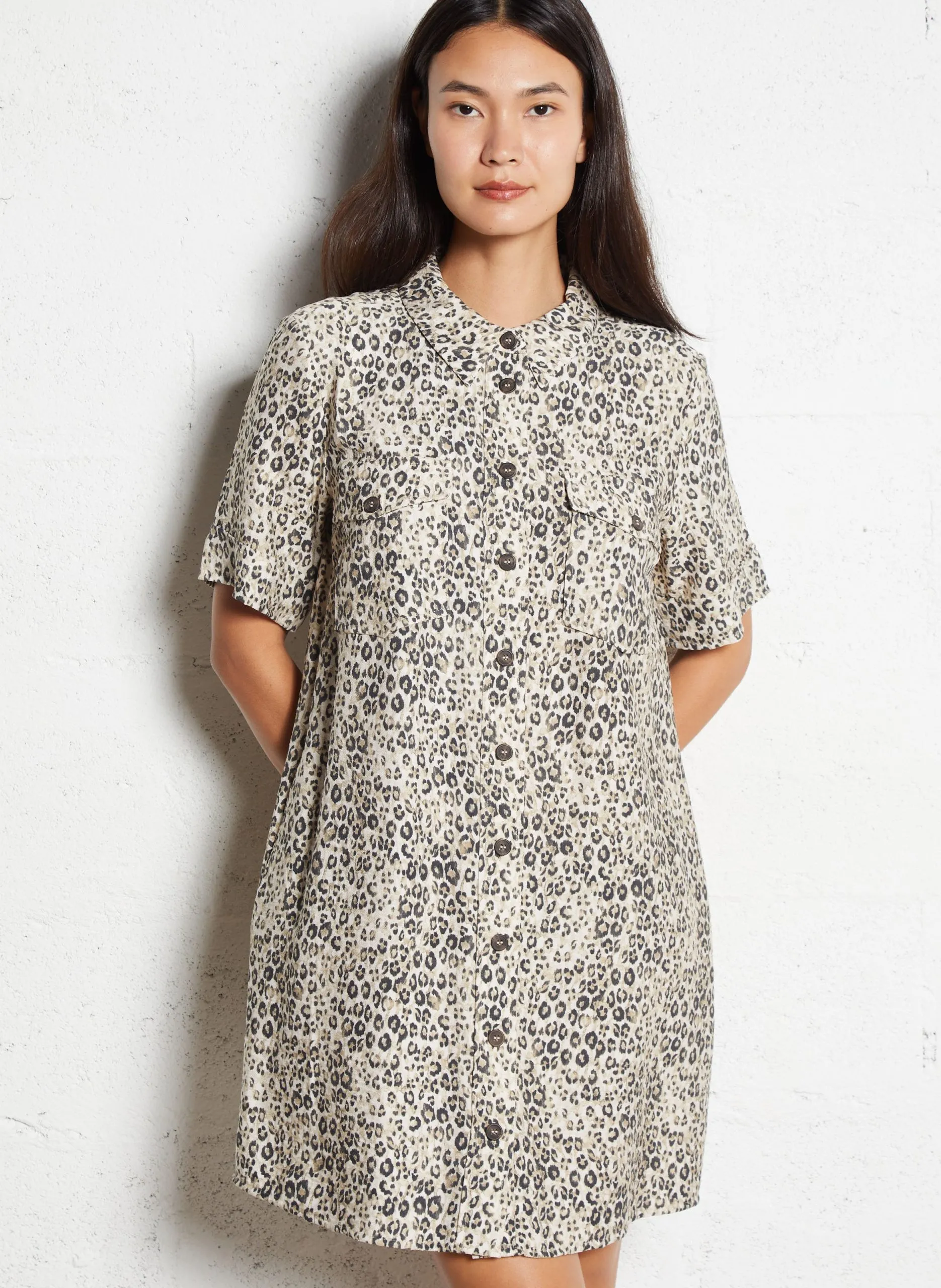 Bedrucktes Kleid mit Hemdkragen Weiss ROSEMARY