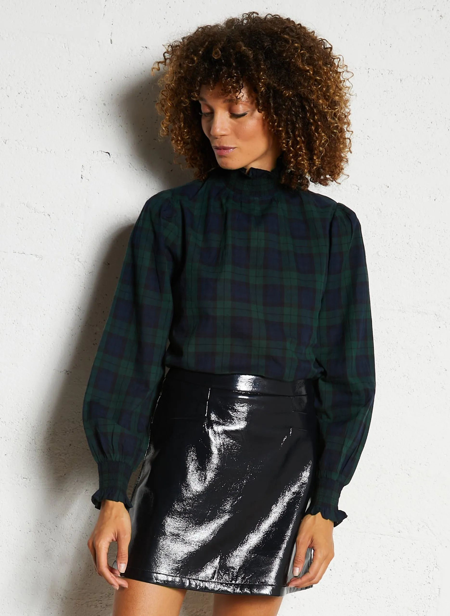 Gerade Bluse mit Stehkragen aus Baumwolle Blau TONIA