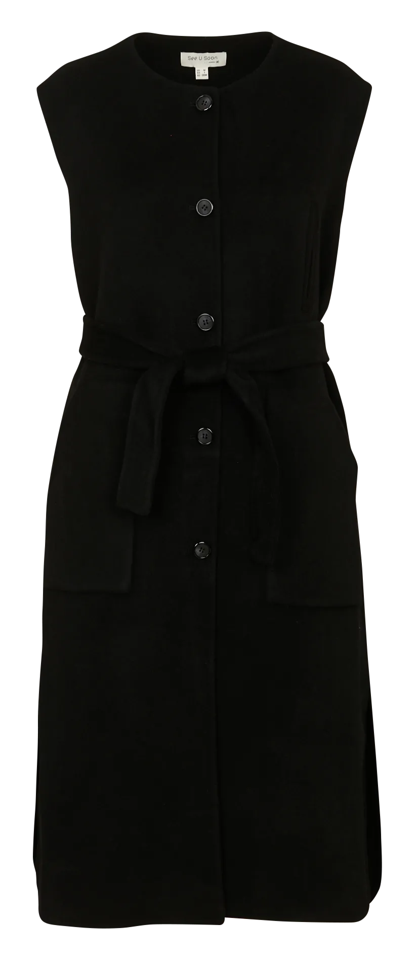 Ärmelloser langer Wollmantel Schwarz