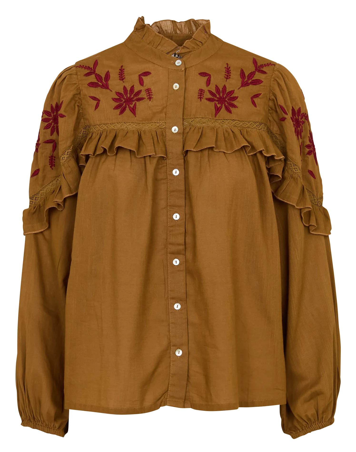 Gerade geschnittene Bluse mit Rundhalsausschnitt aus bestickter Baumwolle Grun TRUJILLO