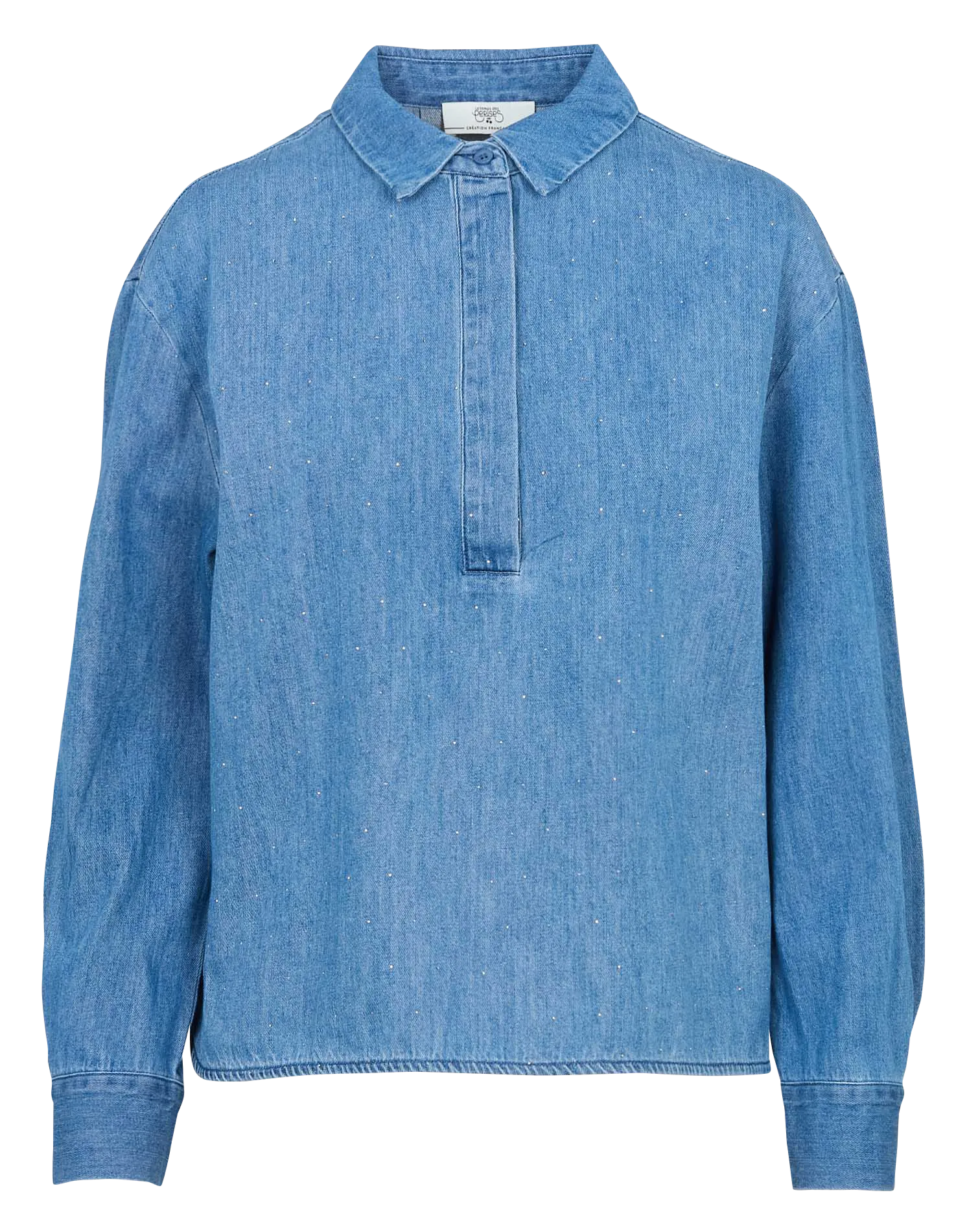 Langarm-Top aus Jeans mit Strass Blau ALBERTA