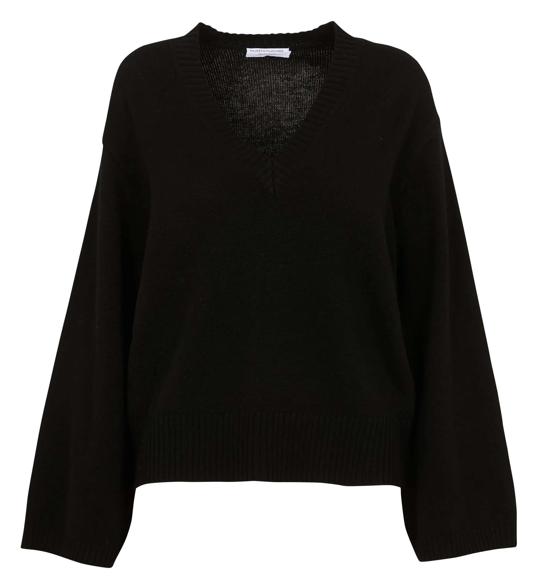 Weiter Wollpullover mit V-Ausschnitt aus Merinowolle Schwarz