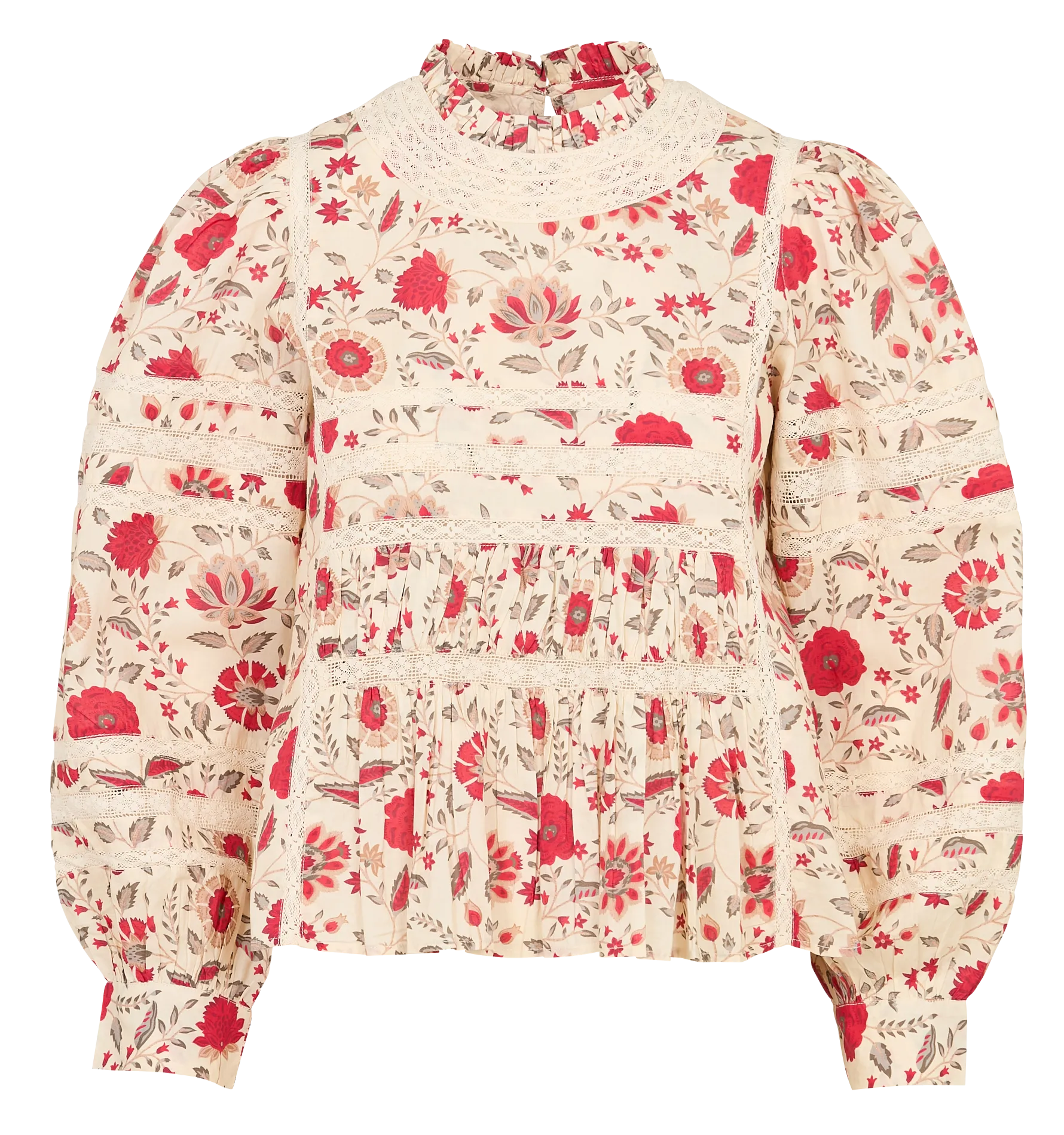 Bluse mit Blumendruck und viktorianischem Kragen aus Baumwolle Beige TOKYO