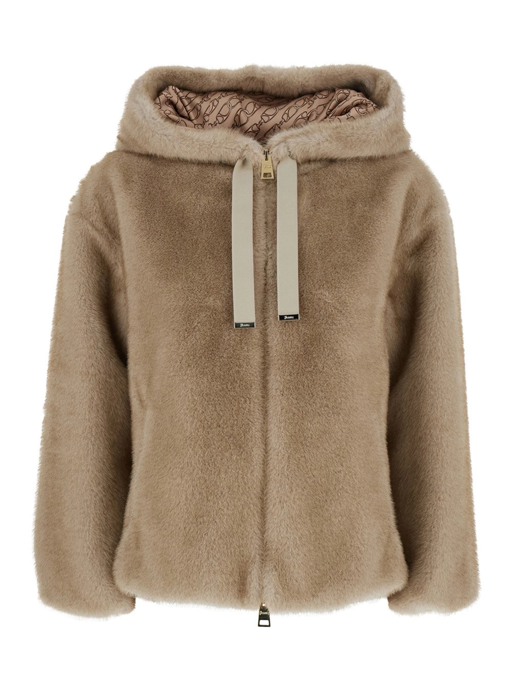 Beige Jacke mit Kordelzug-Kapuze aus Ökopelz Damen