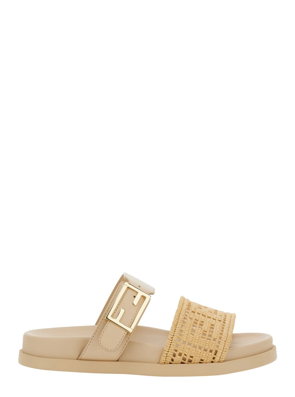 "Feel" Beige Sandalen mit metallischer FF-Plakette und gesticktem Logo auf der Vorderseite aus Stoff Damen