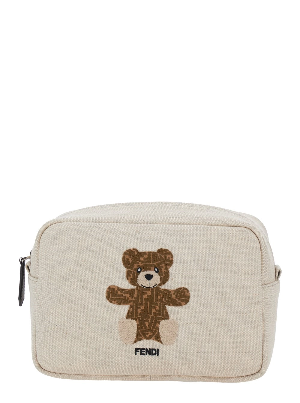 Beigefarbene Kosmetiktasche mit Logoschriftzug und Bär auf der Vorderseite aus Baumwollmischung Mädchen