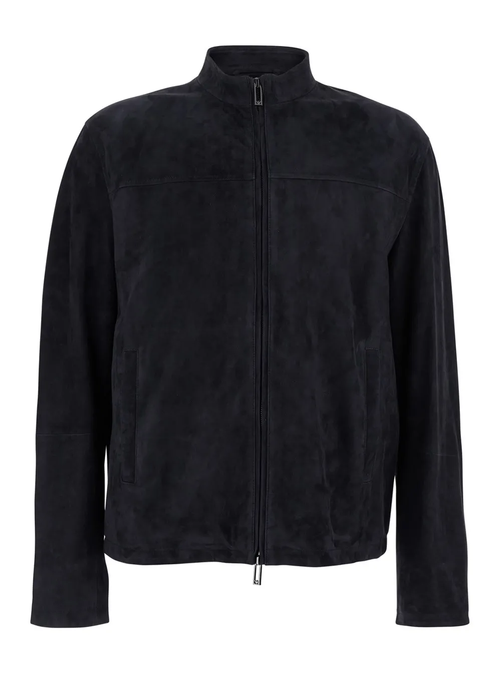 Blaue Jacke mit hohem Kragen und Logoaufnäher auf der Rückseite aus Wildleder Herren