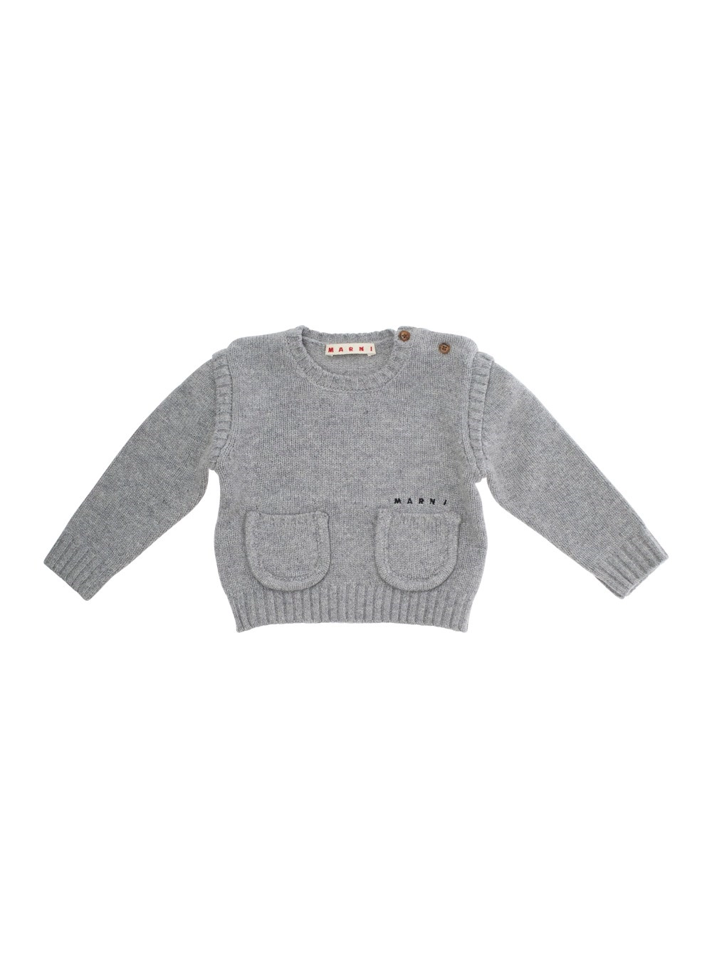 Grauer Pullover mit Rundhalsausschnitt und Logoschriftzug vorne aus Wollmischung Baby