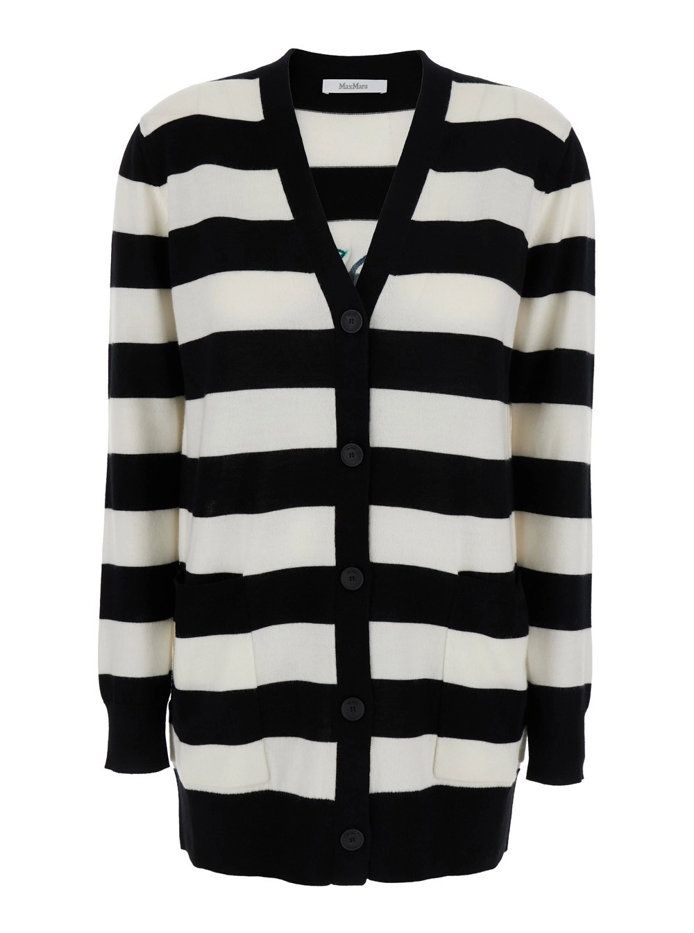 Schwarz-weißer Cardigan "Fiemme" mit Stickerei hinten und All-Over Streifenmotiv aus Wolle Damen