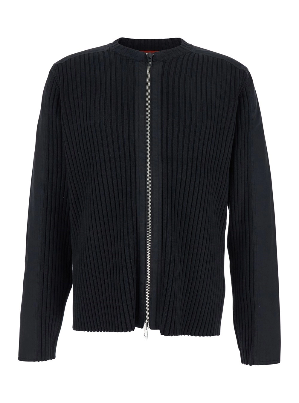 Schwarzes geripptes Strick-Sweatshirt "K-Matty" mit Rundhalsausschnitt und Reißverschluss vorne aus Baumwolle Herren