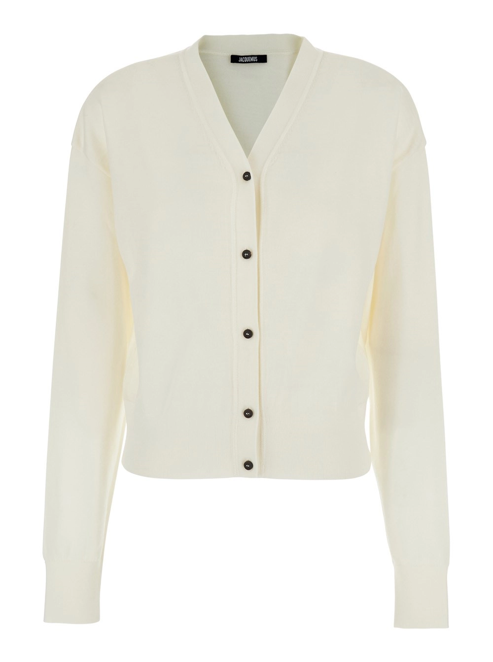 Strickjacke für Damen aus Wolle in Weiß mit V-Ausschnitt und Logo-Schriftzug hinten