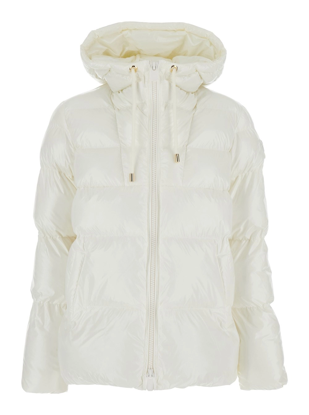 Weiße Daunenjacke "Eleodoro" mit Kapuze mit Kordelzug und Liebesvögel-Aufnäher im Diamantschliff auf dem Vorderteil aus technischem Stoff Damen