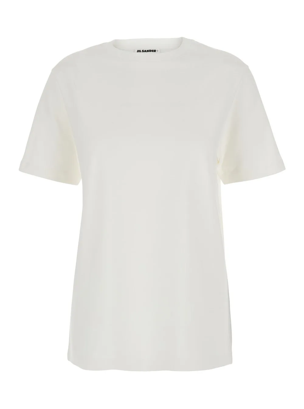 T-Shirt für Damen aus Baumwolle in Weiß mit Rundhalsausschnitt und Logoaufnäher hinten