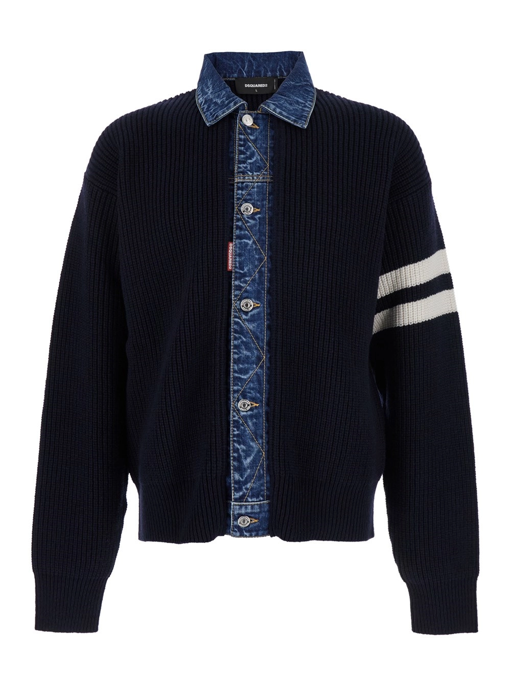 Blauer Cardigan mit Denim-Einsätzen und gestreiften Details am Ärmel aus Wolle und Kaschmir Herren