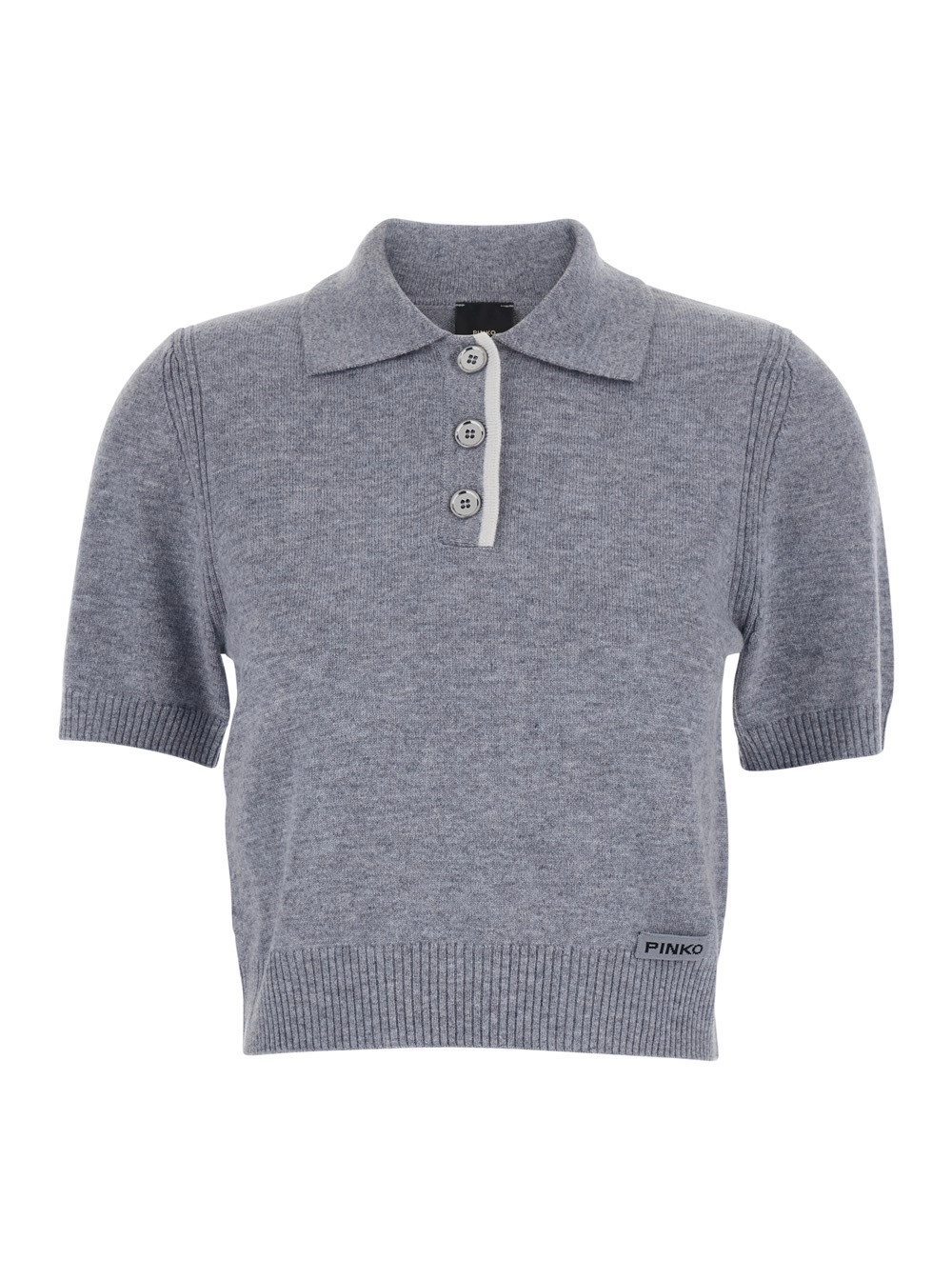 Graues Polohemd mit Logoaufnäher vorne und gerippten Details aus Wolle Damen