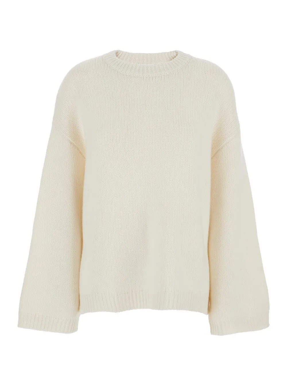 Weißer Strickpullover mit Rundhalsausschnitt und überschnittenen Schultern aus Kaschmir Damen