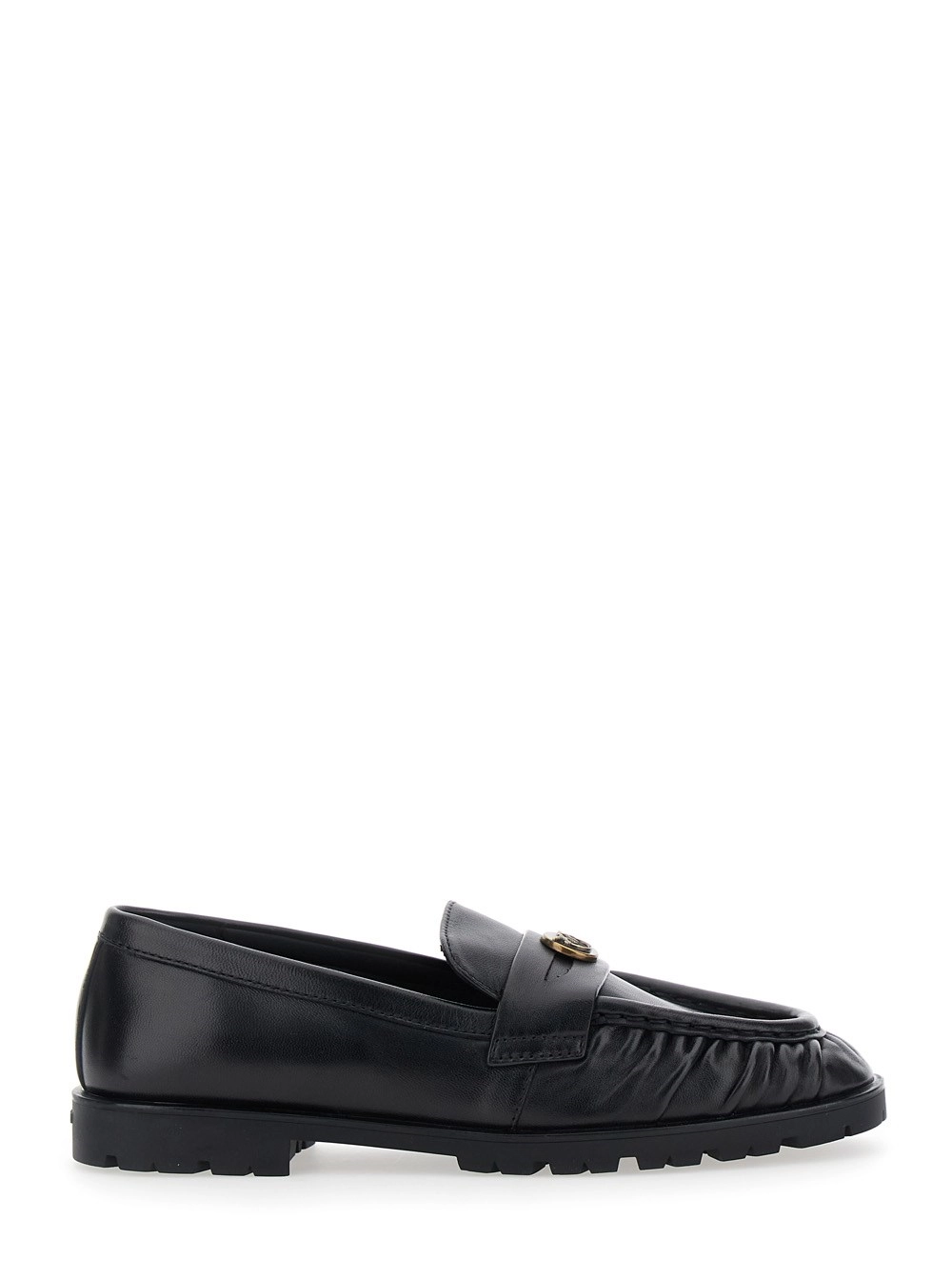 Schwarze Loafers mit Metallic-Logo auf der Vorderseite aus zerknittertem Leder Damen