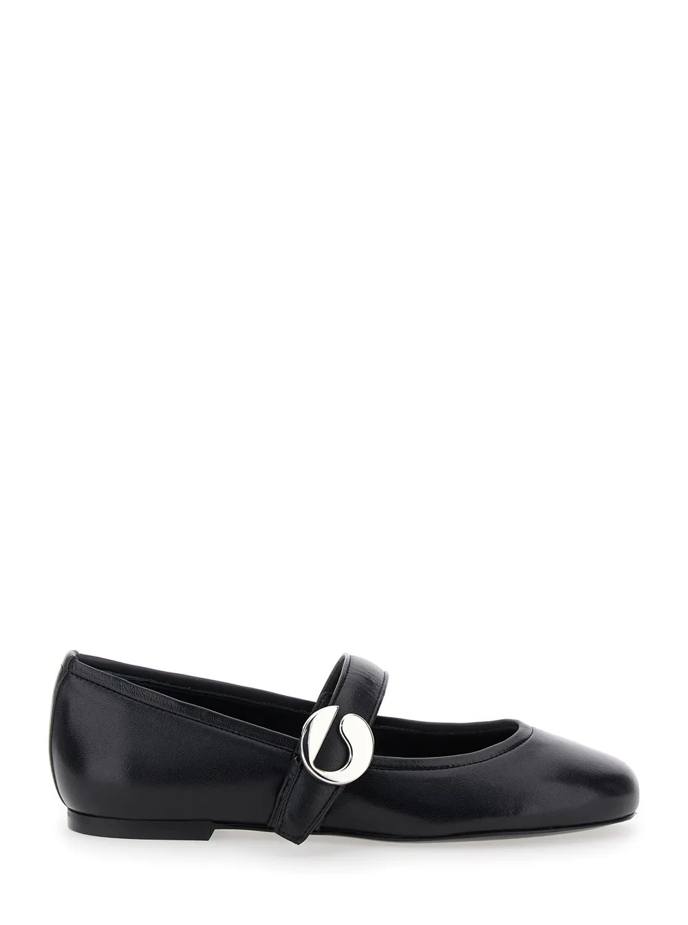 Schwarze Ballerinas mit metallischem Logo und Riemen aus Glattleder Damen