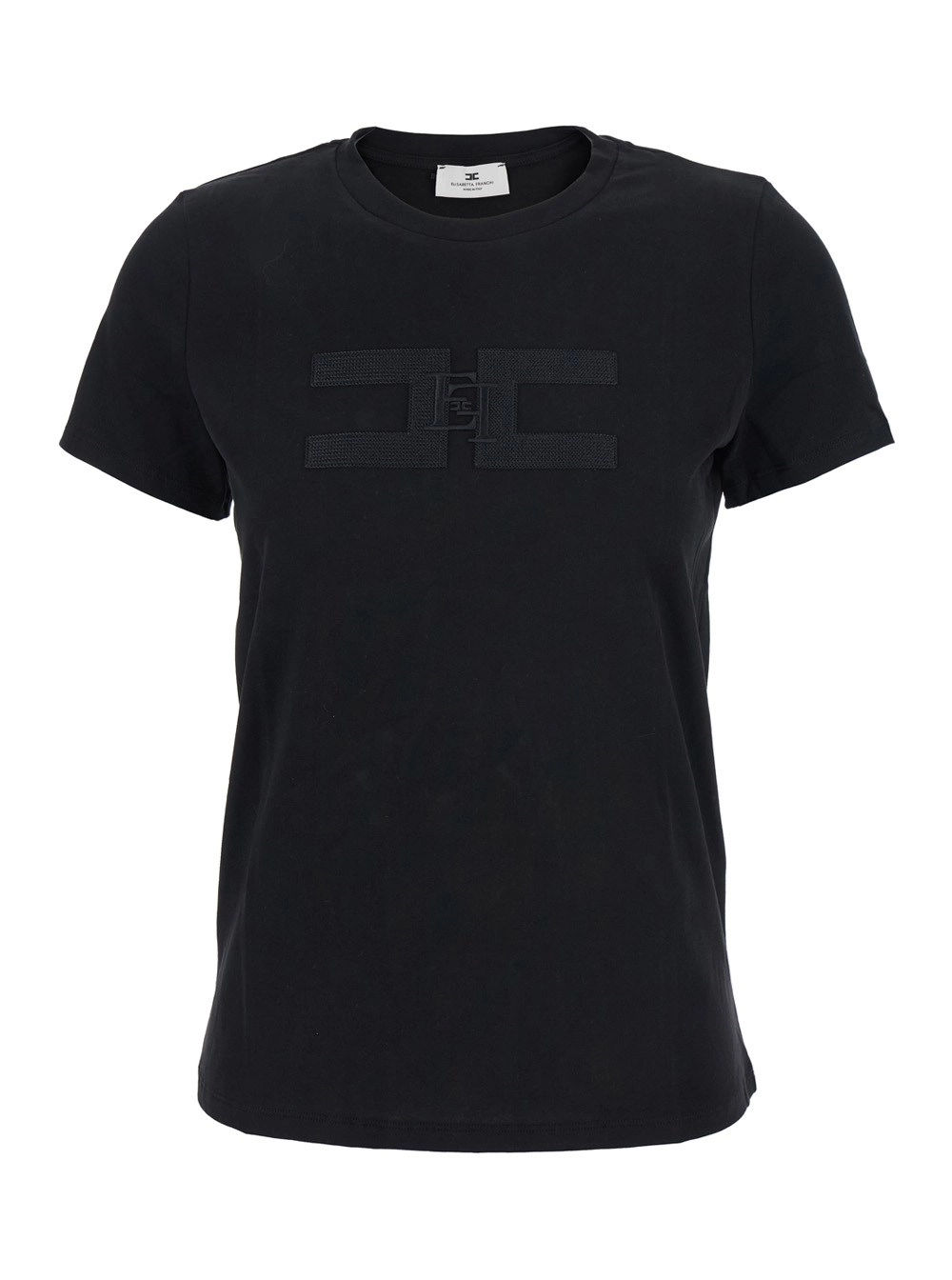 Schwarzes T-Shirt mit gesticktem Logo vorne aus Baumwolle Damen