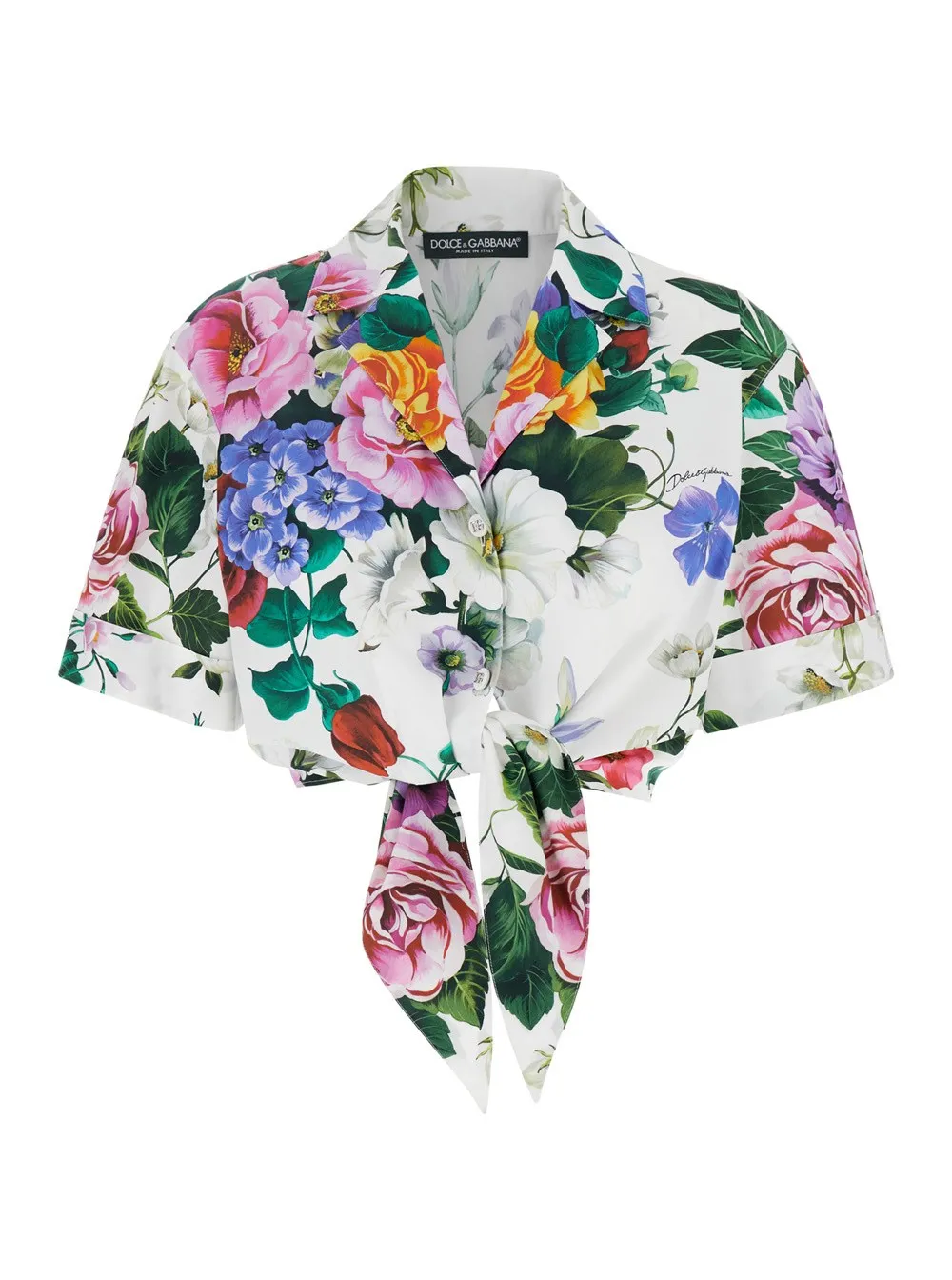 Mehrfarbiges Crop-Shirt für Damen aus Baumwolle mit All-over Blumenmotiv und Logoschriftzug vorne