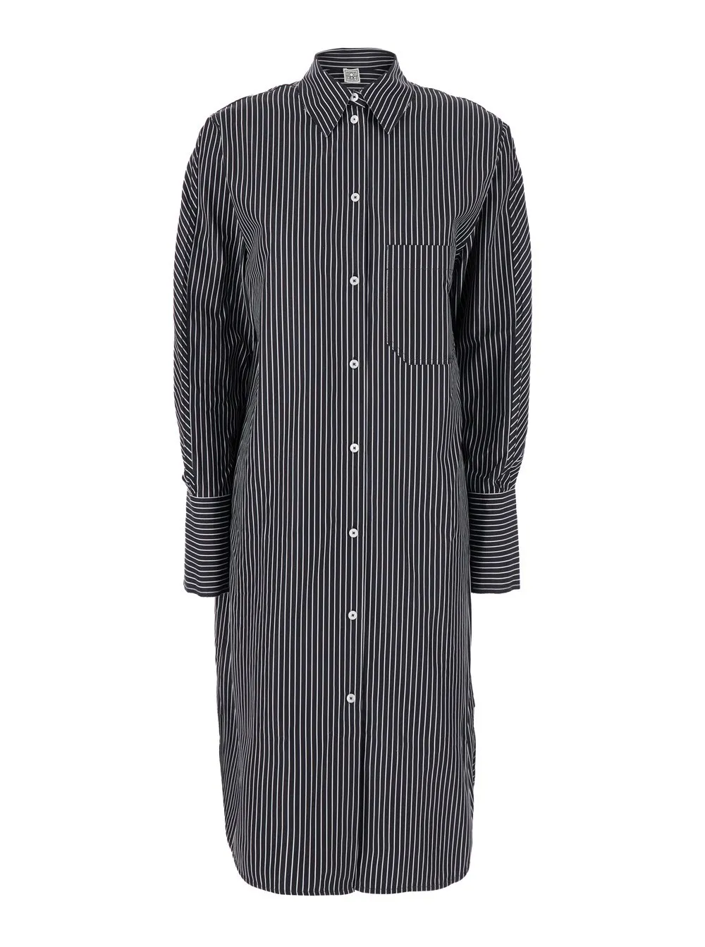 Schwarz-weißes Kleid mit klassischem Kragen und All-Over Streifenmotiv aus Baumwolle Damen