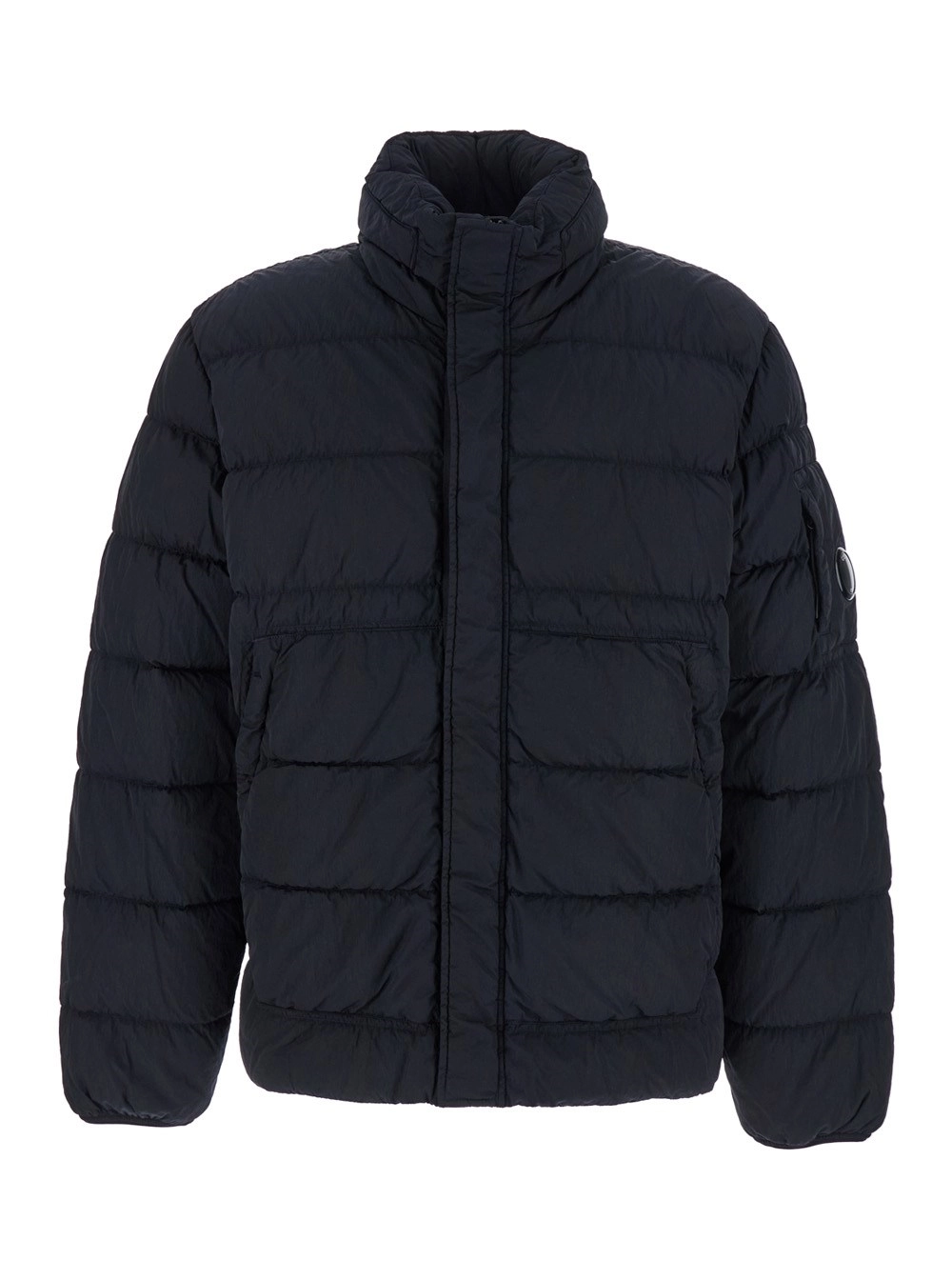 Blaue Daunenjacke mit fester Kapuze und Logoplakette am Ärmel aus technischem Stoff Herren