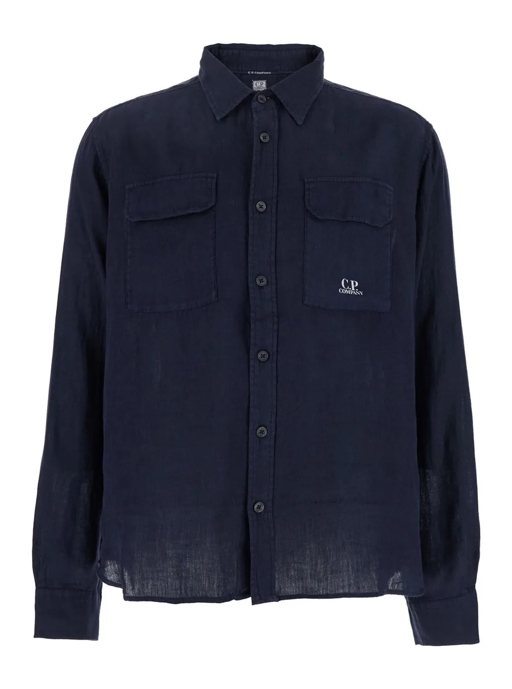 Blaues Hemd mit Logoschriftzug auf der Vorderseite aus Leinen Herren