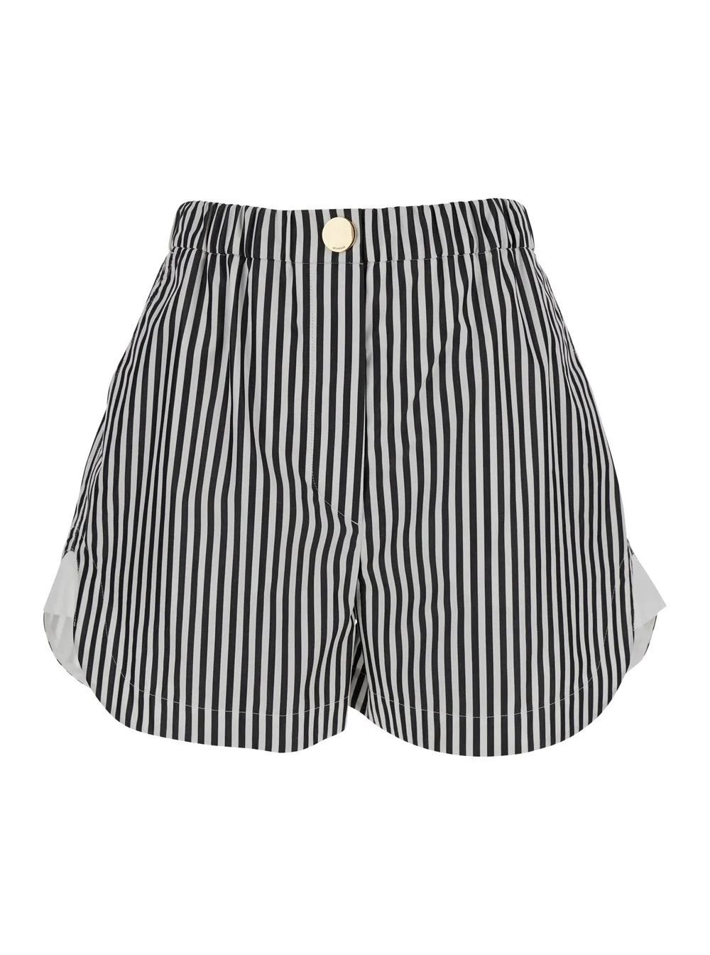 Schwarz-weiße Shorts mit vertikal gestreiftem All-over Motiv aus Stoff Damen