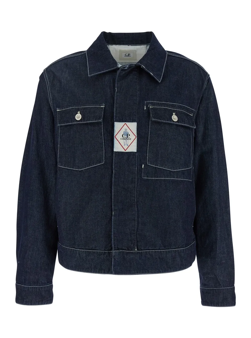 Blaue Jacke mit klassischem Kragen und Logoaufnäher vorne aus Denim Herren