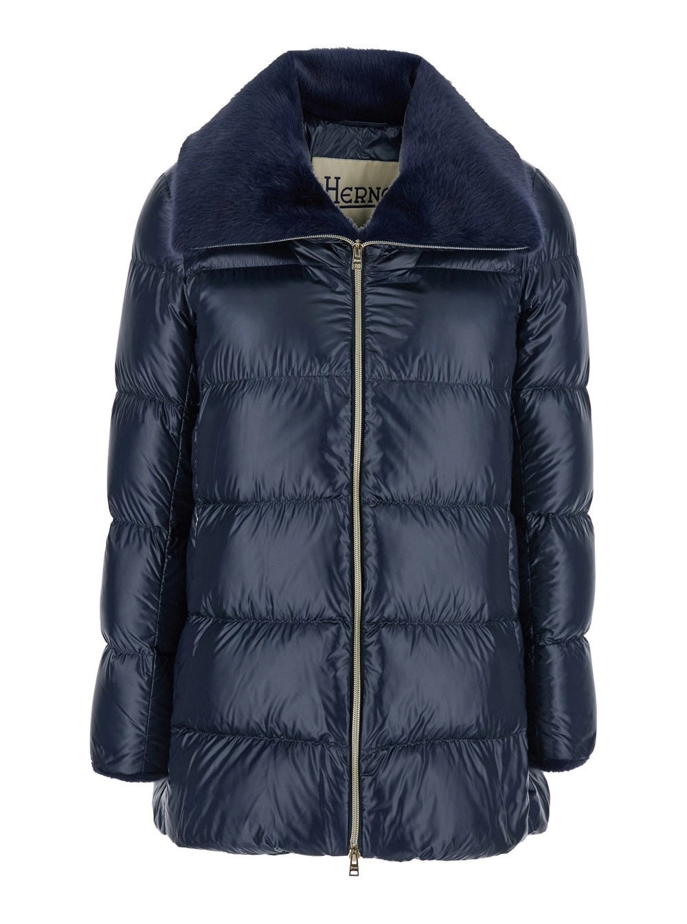 Blaue Daunenjacke mit Pelzkragen und gestepptem Design aus technischem Stoff Damen