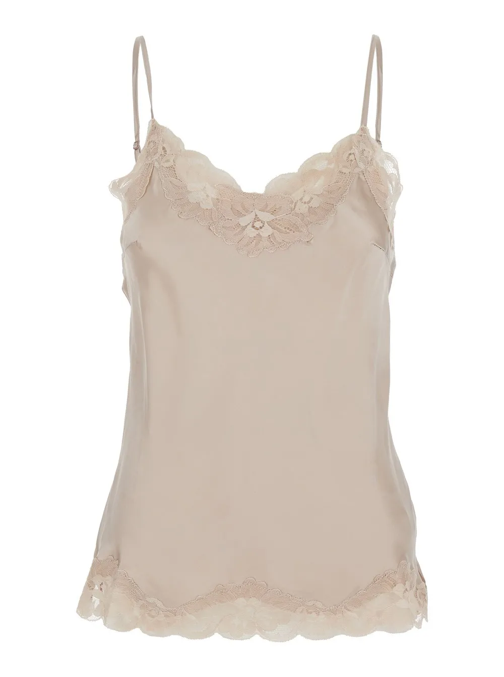 Ärmelloses Top für Damen aus Seide in Beige mit verstellbaren Spaghettiträgern und floraler Verzierung