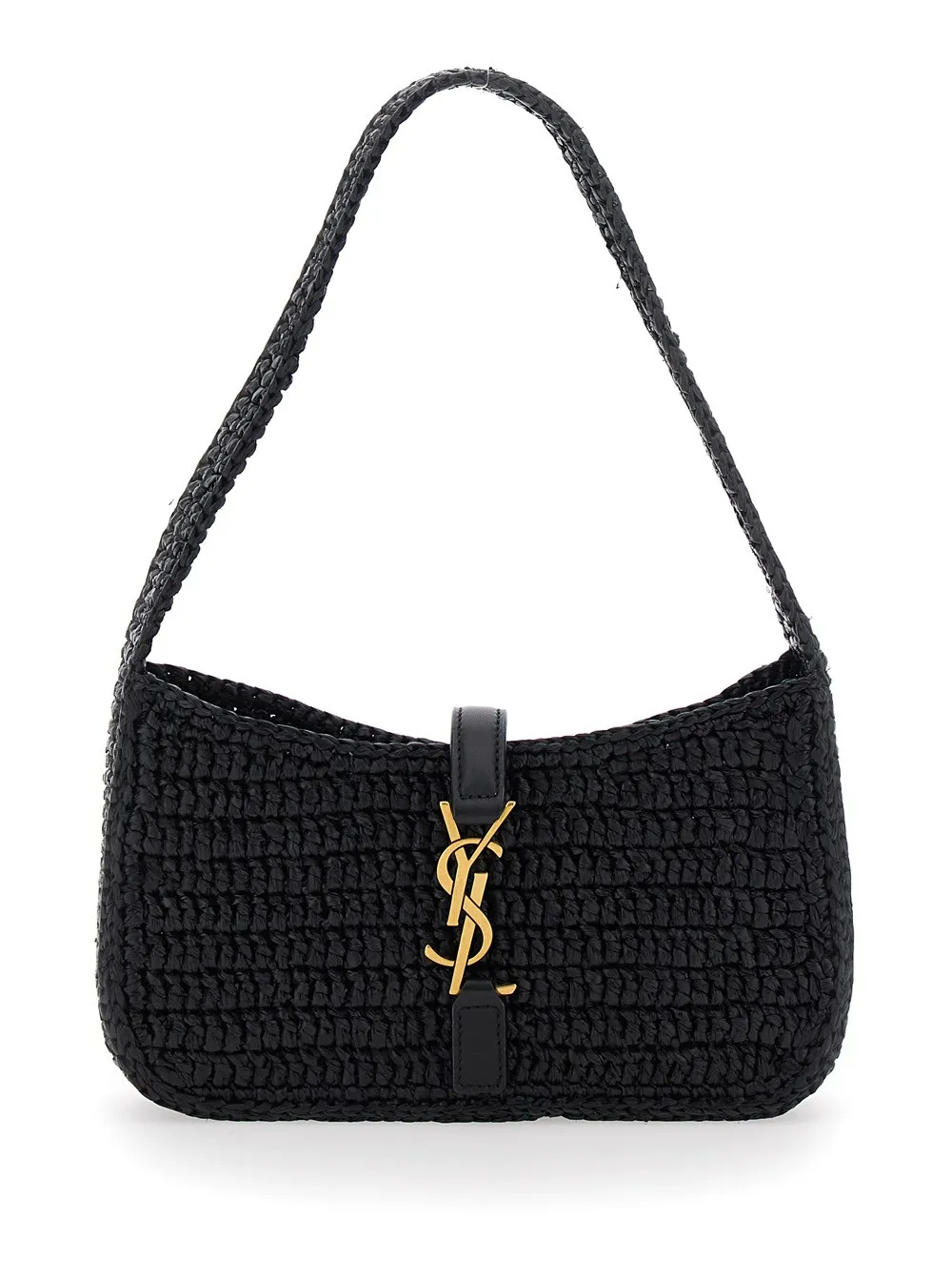 Mini-Umhängetasche "Le 5 a 7" für Damen aus Raffia in Schwarz mit einem Schulterriemen und Cassandre-Plakette vorne