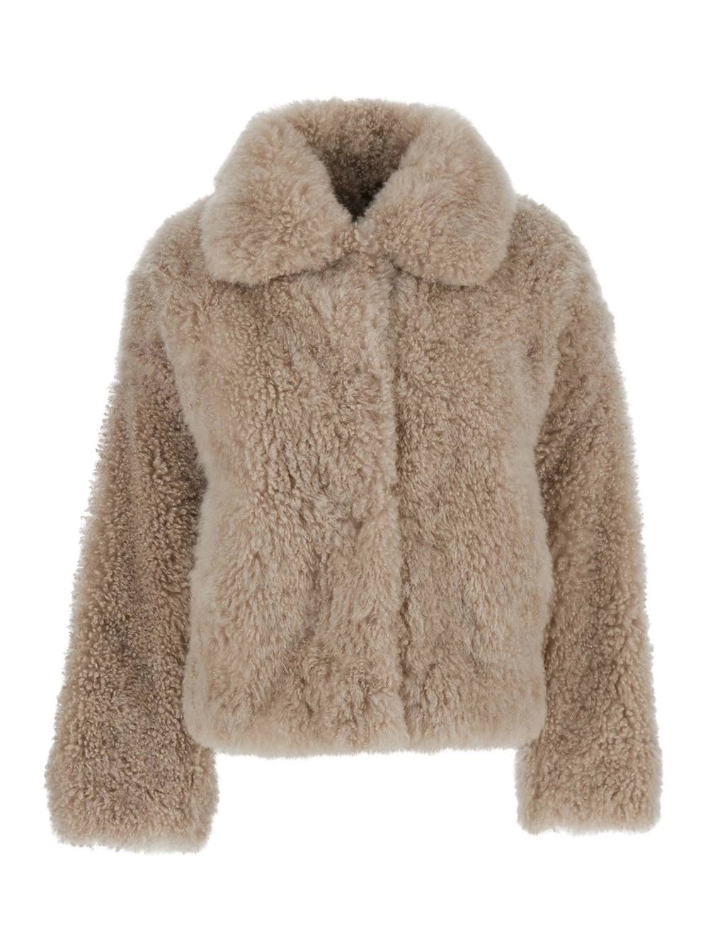 Beigefarbene Pelzjacke mit Spreizkragen und verdecktem Verschluss vorne aus Pelz Damen