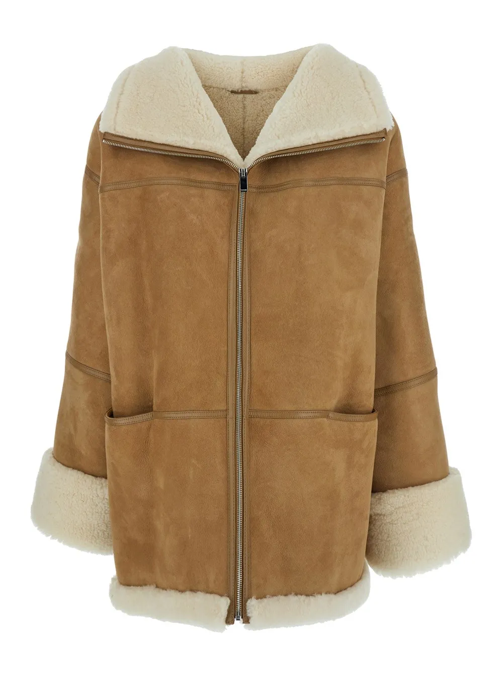 Beige Lammfelljacke mit Pelzbesatz aus Leder und Pelz Damen