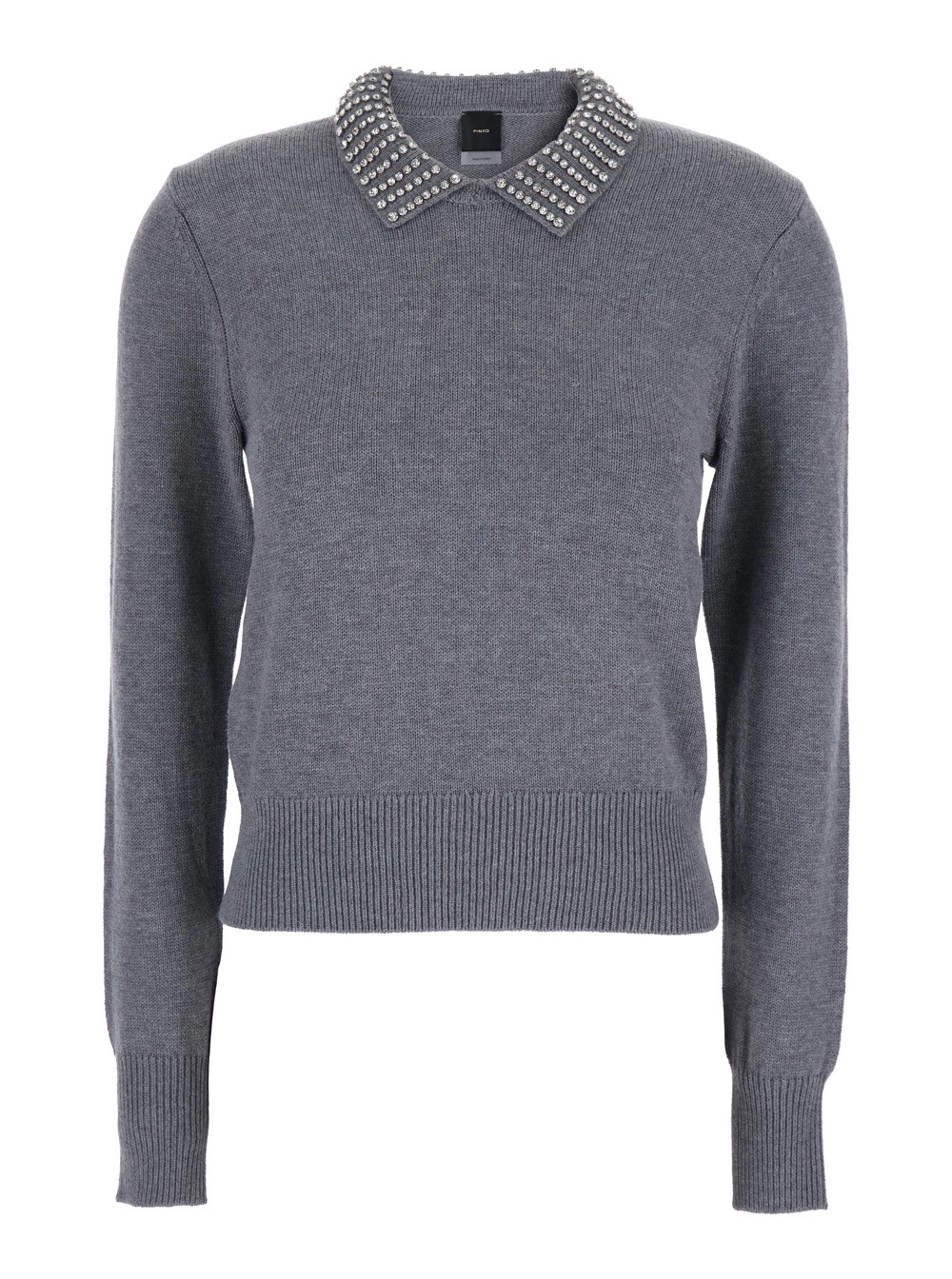 Graues Polohemd mit kristallverziertem Kragen und Logoaufnäher hinten aus Kaschmir Damen