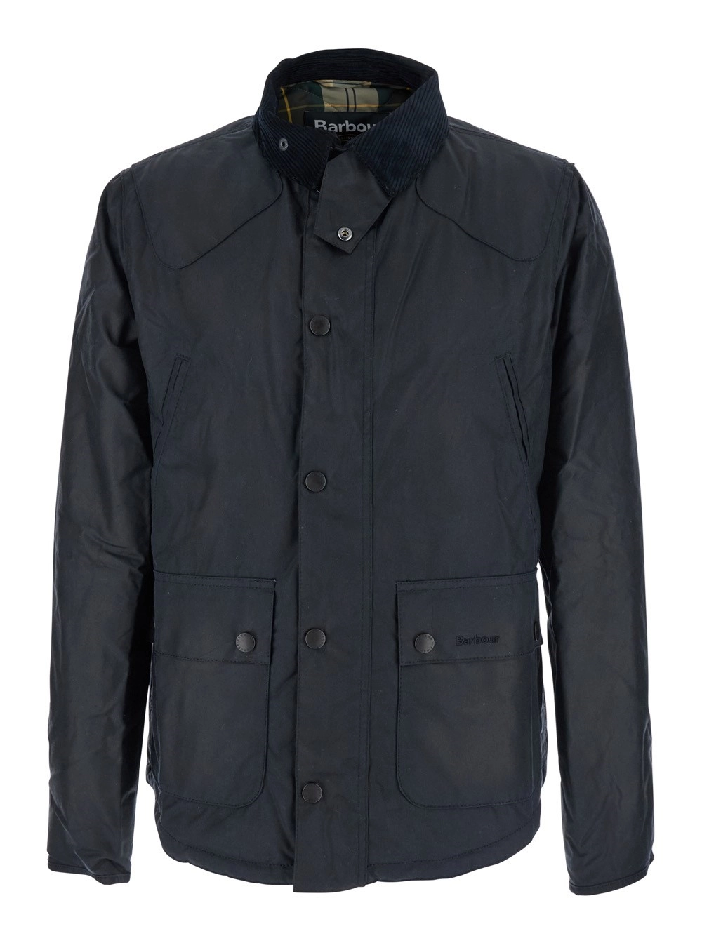 Blaue Jacke mit Cordkragen und Logoschriftzug auf der Vorderseite aus Baumwolle Herren