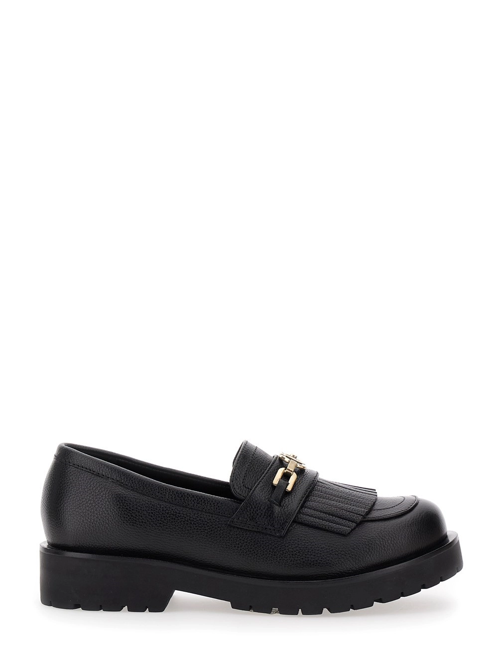Schwarze Loafers mit Plateau und metallischem Logo aus Leder Damen